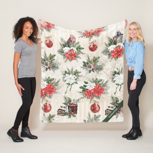Classic Christmas red and white poinsettia flowers Fleece Blanket