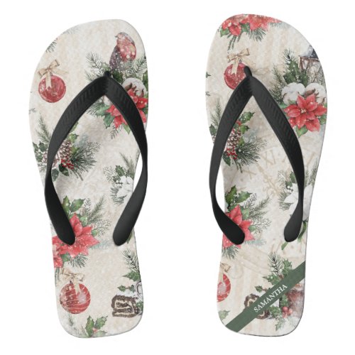 Classic Christmas red and white poinsettia flowers Flip Flops
