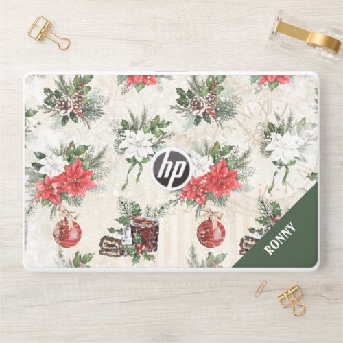 Classic Christmas red and white poinsettia flowers HP Laptop Skin