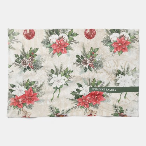 Classic Christmas red and white poinsettia flowers Kitchen Towel