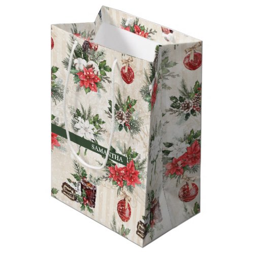 Classic Christmas red and white poinsettia flowers Medium Gift Bag