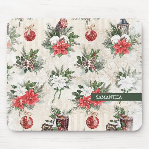 Classic Christmas red and white poinsettia flowers Mouse Pad