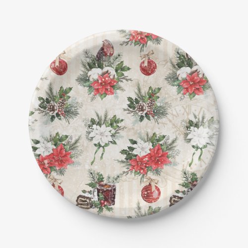 Classic Christmas red and white poinsettia flowers Paper Plates
