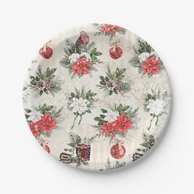 Classic Christmas red and white poinsettia flowers Paper Plates (Front)