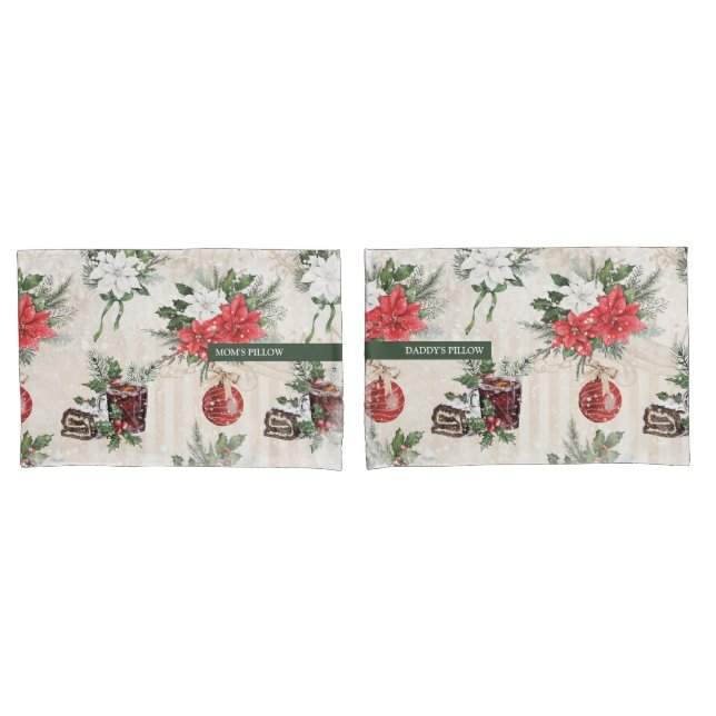 Classic Christmas red and white poinsettia flowers Pillow Case (Front-Set)