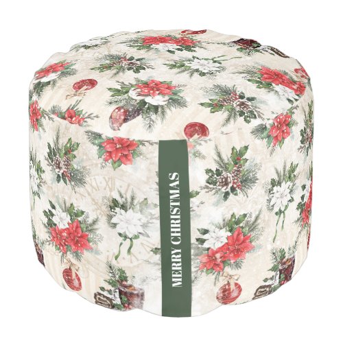 Classic Christmas red and white poinsettia flowers Pouf