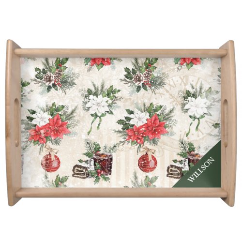 Classic Christmas red and white poinsettia flowers Serving Tray