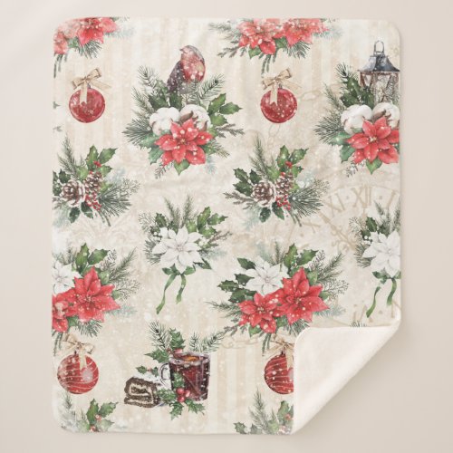 Classic Christmas red and white poinsettia flowers Sherpa Blanket
