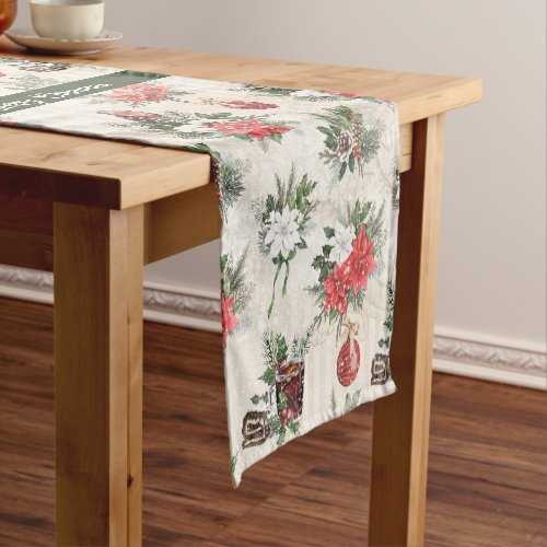 Classic Christmas red and white poinsettia flowers Short Table Runner