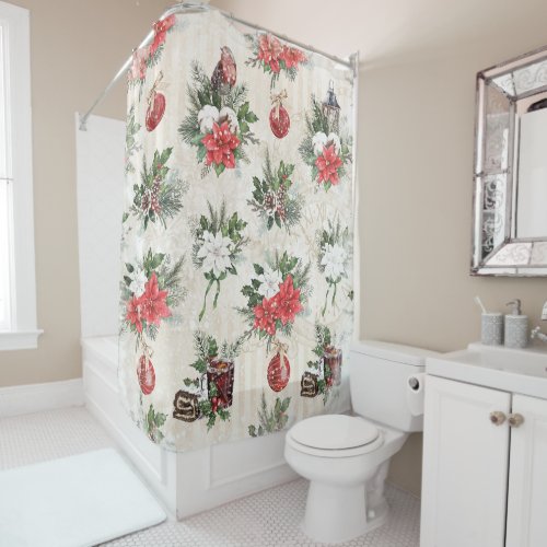 Classic Christmas red and white poinsettia flowers Shower Curtain