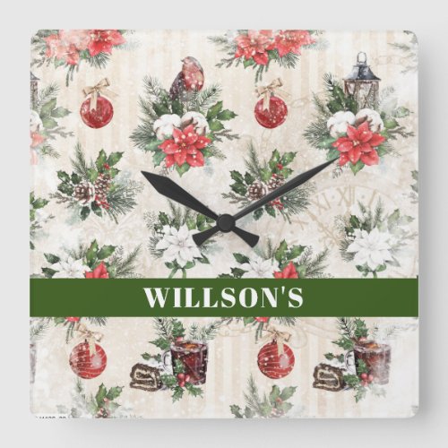 Classic Christmas red and white poinsettia flowers Square Wall Clock