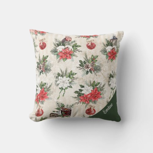 Classic Christmas red and white poinsettia flowers Throw Pillow