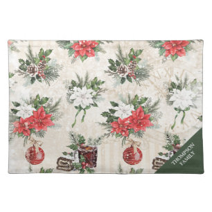 Classic Christmas red and white poinsettia pillow Cloth Placemat