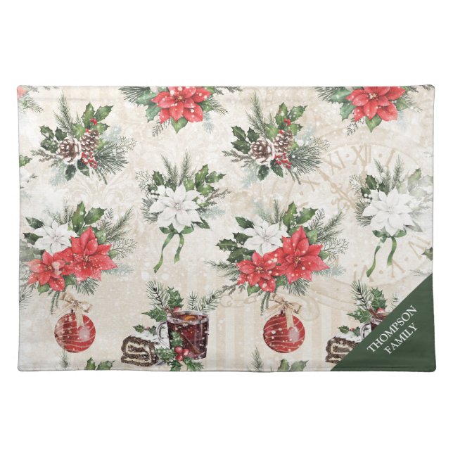 Classic Christmas red and white poinsettia pillow Cloth Placemat (Front)