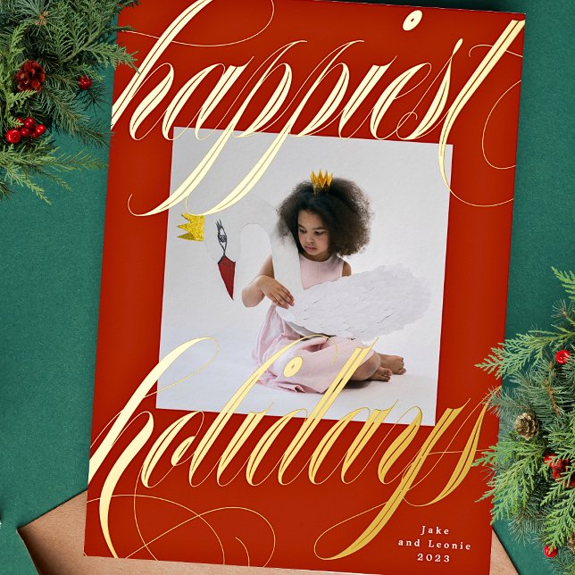 classic christmas red gold calligraphy one photo foil holiday card (Creator Uploaded)