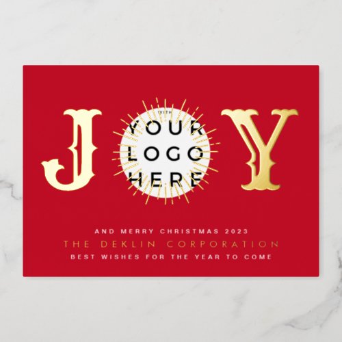 Classic Christmas Red GOLD JOY Business LOGO Foil Holiday Card