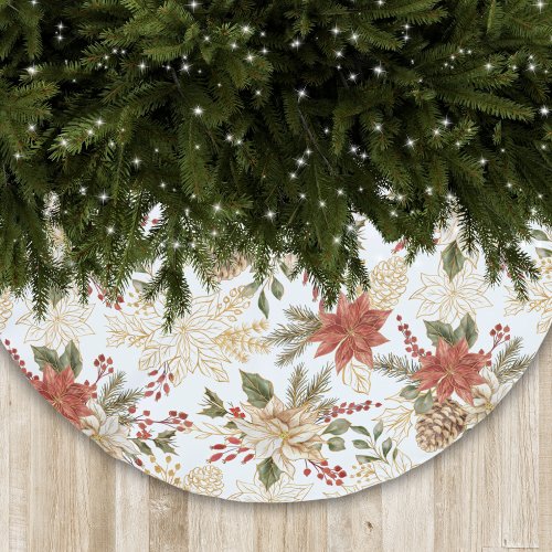 Classic Christmas Red Gold Poinsettias Pine Cones  Brushed Polyester Tree Skirt