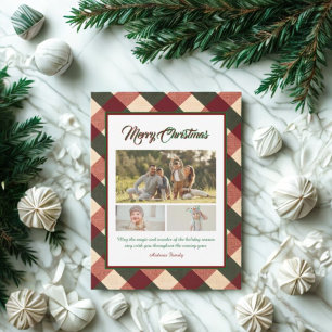 Classic Christmas Red Green Plaid 3 Photo Holiday Postcard