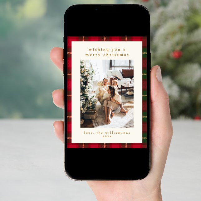 Classic Christmas Red Green Plaid Portrait Photo Holiday Card (Front Digital)