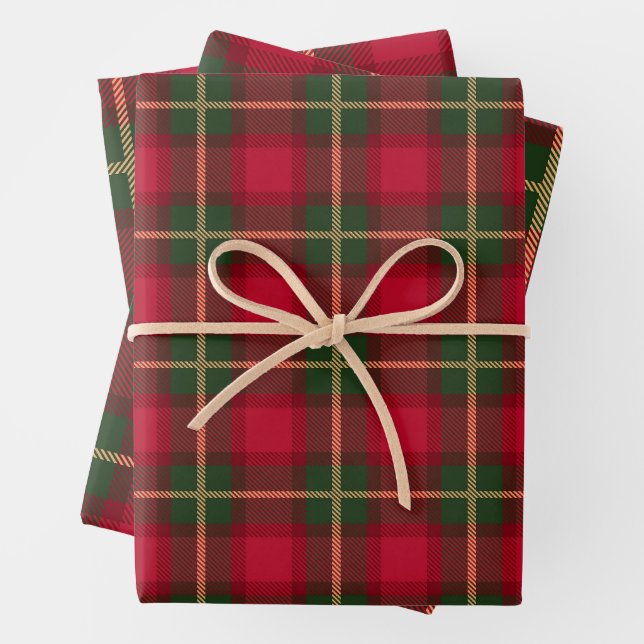 Classic Christmas Red Green Plaid Tartan Festive Wrapping Paper Sheets (In situ)