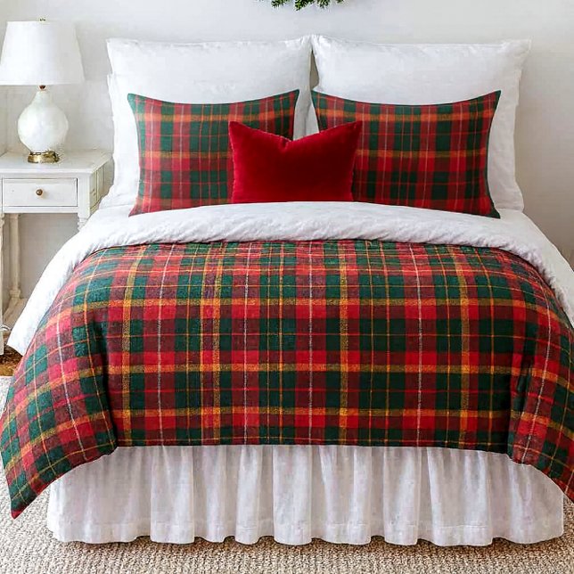 Classic Christmas Red Green Tartan  Duvet Cover (Classic Christmas comfort: plaid bedding, red bows, and a wreath set the scene for cozy cheer.)