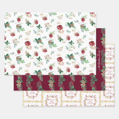 Classic Christmas Red Green Watercolor Family Name Wrapping Paper Sheets
