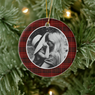 Classic Christmas Red Plaid Photo Ceramic Ornament