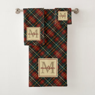 Classic Christmas Red Tartan Plaid Monogram Name Bath Towel Set