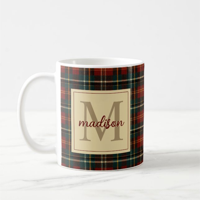 Classic Christmas Red Tartan Plaid Monogram Name Coffee Mug (Left)