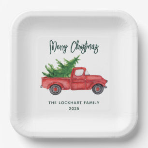Classic Christmas Red Truck Script Holiday Custom Paper Plates