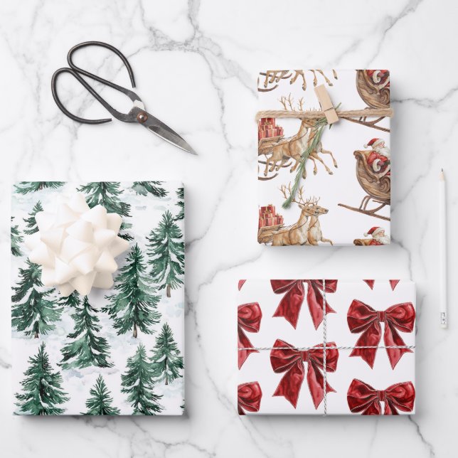 Classic Christmas Santa Sleigh Trees Red Bows Wrapping Paper Sheets (Front)