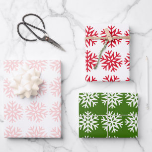 Classic Christmas Snowflakes, Red Green White Pink Wrapping Paper Sheets