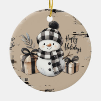 Classic Christmas snowman on a warm plaid ornament