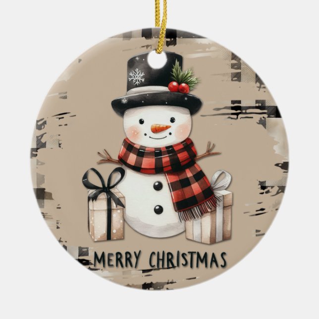 Classic Christmas snowman on a warm plaid ornament (Front)