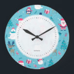 Classic Christmas symbols pattern Large Clock<br><div class="desc">Cute and colorful classic Christmas symbols pattern. A snowman,  Christmas trees,  Santa Claus,  and other symbols cute cartoon illustration.</div>
