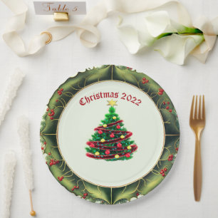 Classic Christmas Tree and Holly  Paper Plates