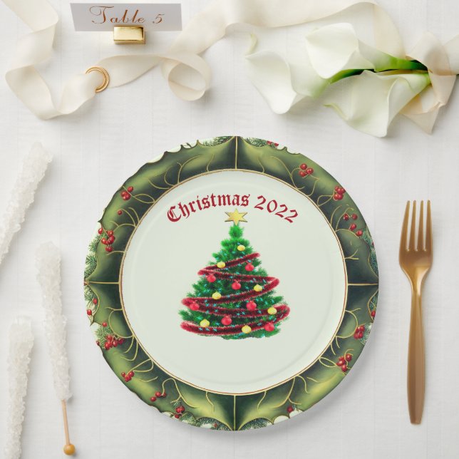 Classic Christmas Tree and Holly  Paper Plates (Wedding)