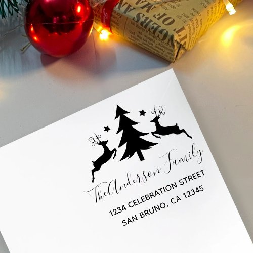 Classic Christmas Tree and Reindeer Return Address Rubber Stamp