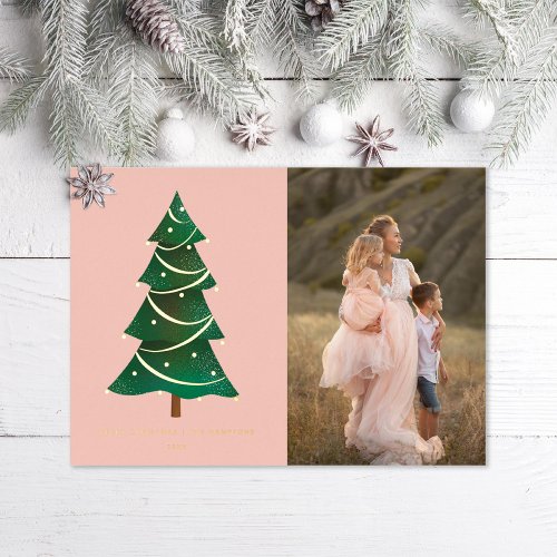 Classic Christmas Tree Blush Pink Photo Foil Holiday Card