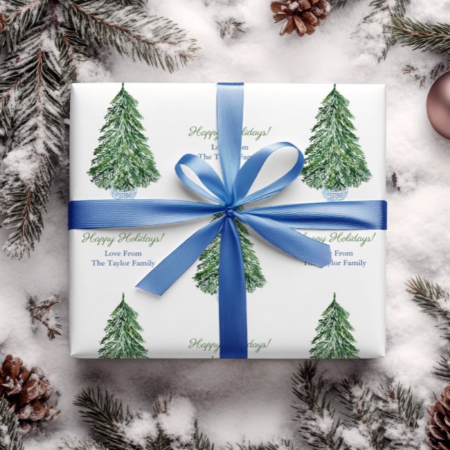 Classic Christmas Tree Chinoiserie Happy Holidays Wrapping Paper (Simple green watercolor Christmas tree in blue and white ginger jar planter with personalized text)