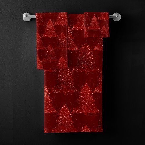 Classic Christmas Tree  Festive Rich Crimson Red Bath Towel Set