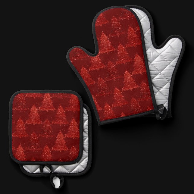 Classic Christmas Tree | Festive Rich Crimson Red Oven Mitt & Pot Holder Set (Creator Uploaded)