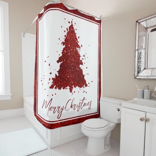 Classic Christmas Tree | Festive Rich Crimson Red Shower Curtain (In Situ)
