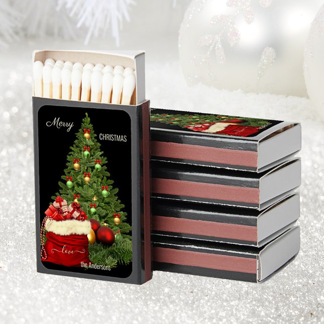 Classic Christmas Tree Matchboxes (Matchbox featuring a festive Christmas tree with Santa's gift bag on a black background.)