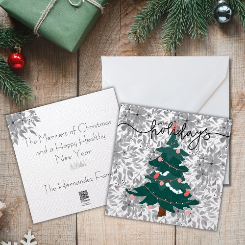 Classic Christmas Tree  Monochrome Florals Linen Holiday Card