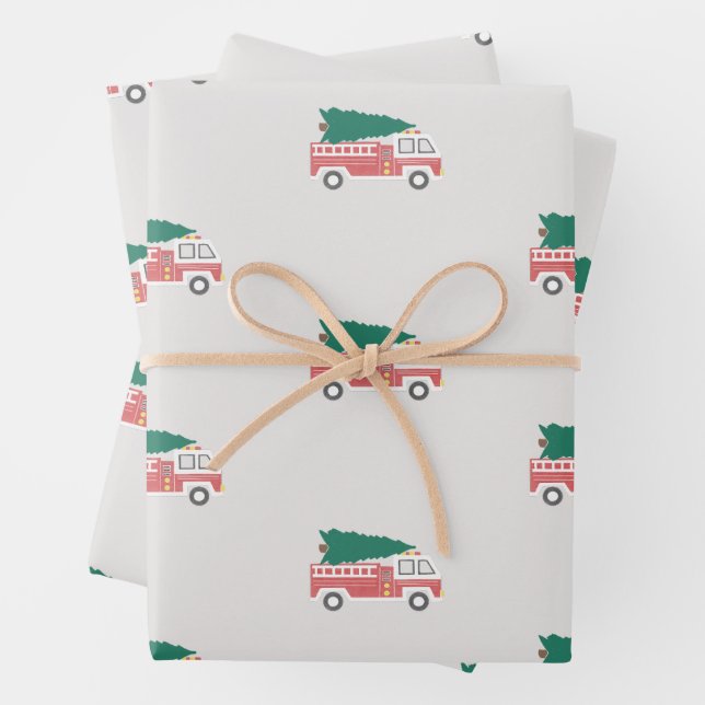 Classic Christmas Tree on a Firetruck Wrapping Paper Sheets (In situ)