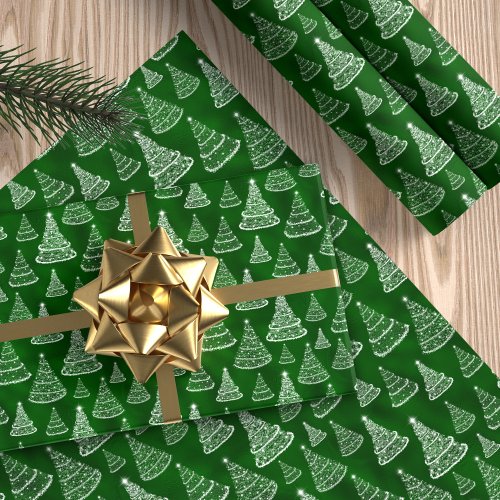 Classic Christmas Tree Pattern Green Sparkle Wrapping Paper