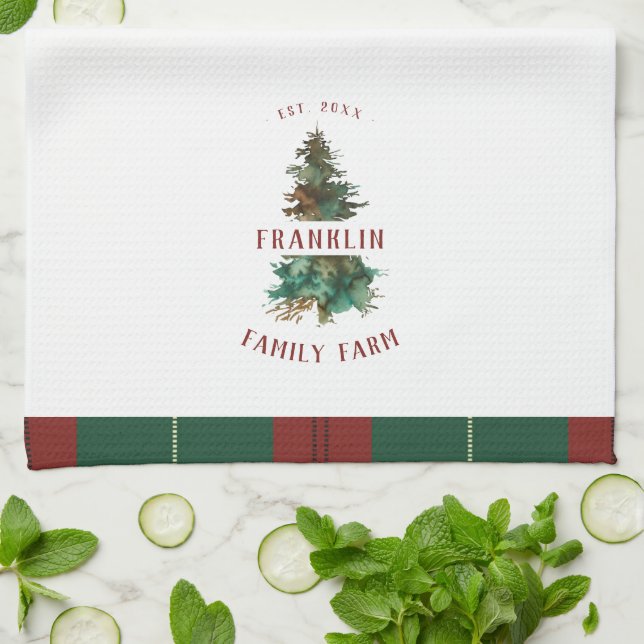 Classic Christmas Tree Personalized Family Name Kitchen Towel (Folded)