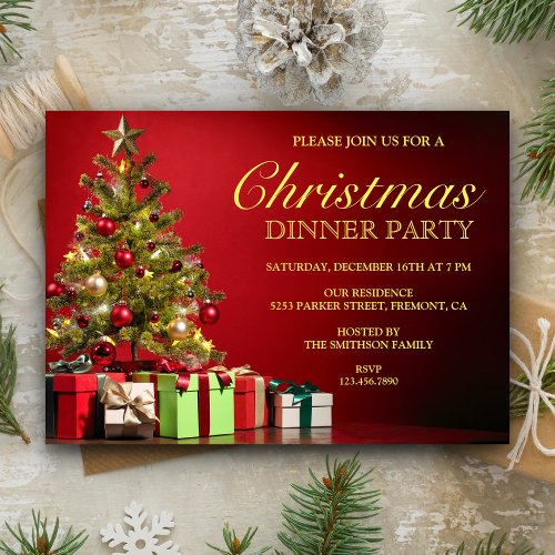 Classic Christmas Tree  Red Holiday Dinner Party Invitation