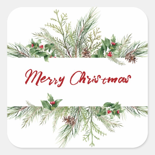 Classic Christmas Tree Wreath Happy Holiday Season Square Sticker (Front)